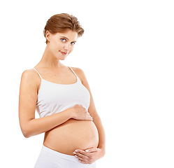 Image showing Mom, pregnant woman and portrait of mama with holding stomach with mothers love and smile for baby. Happy mother, pregnancy and hands on abdomen to show loving protect gesture for child with mock up