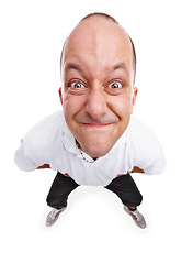 Image showing Portrait, face and crazy with a man model in studio isolated on a white background for expression. Angry, annoyed and frustrated with a closeup male on blank space feeling stress or anxiety