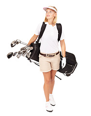 Image showing Golf, sports and walking with a woman in studio isolated on a white background for her golfing hobby. Sport, golf club and a female golfer carrying her bag to a course while in sportswear or uniform