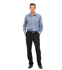 Image showing Portrait, business and man hands in pants, smile and confident manager isolated on white studio background. Ceo, employee or male entrepreneur with corporate career, marketing leader and professional