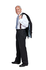 Image showing Portrait, business and mockup with a senior man in studio isolated on a white background for advertising. Marketing, mock up and space with a mature male employee holding his jacket on blank space