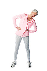 Image showing Exercise, fitness and senior woman portrait while stretching for health and wellness in studio. Body of happy and healthy female isolated on a white background for motivation and energy in retirement