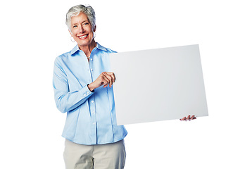 Image showing Poster mockup, smile and portrait senior woman with marketing placard, advertising banner or product placement. Studio mock up, billboard promotion sign and sales model isolated on white background