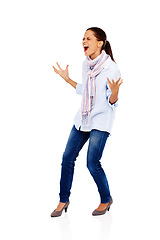 Image showing Angry, model and scream of a woman with stress frustrated about work isolated. White background, career and business employee screaming and standing with anger gesture about working and studio mockup