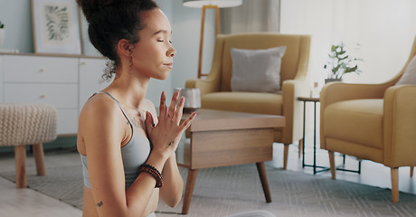 Image showing Meditation, pilates and home yoga for black woman working on spiritual chakra peace, freedom of the mind and zen mindset. Body health, wellness lifestyle and relax girl training on living room floor