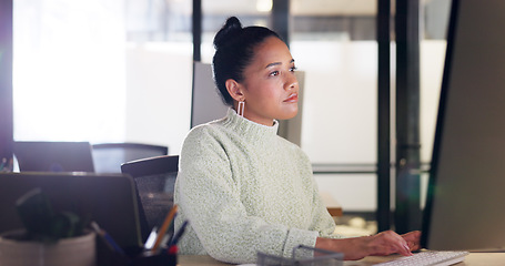 Image showing Business, woman and computer while typing up an seo kpi report after online marketing research. Advertising, businesswoman and internet pc for administration in a corporate digital agency