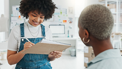 Image showing Black woman, delivery and logistics, at work in office or studio in conversation on supply chain. Women, business and shipping of package of stock, product or order from courier sign paper for cargo