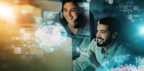 Image showing Futuristic, man and woman with hologram, overlay and communication with information technology, connection and conversation. Future, holographic and employees brainstorming, innovation and teamwork