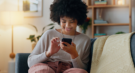 Image showing Social media phone, happy email and black woman with smile for mobile app notification, reading news on the internet and chat on the web. African girl in communication on smartphone on lounge sofa