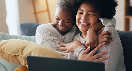 Image showing Congratulations hug, happy motivation and friends happy about achievement, reading email with good news and celebrate job search success in home. Excited women with smile and support on laptop