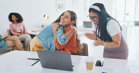 Image showing Laptop, success or women high five at work in celebration of digital marketing sales goals or kpi target. Happy, winner or excited employees hugging to celebrate bonus, business growth or achievement