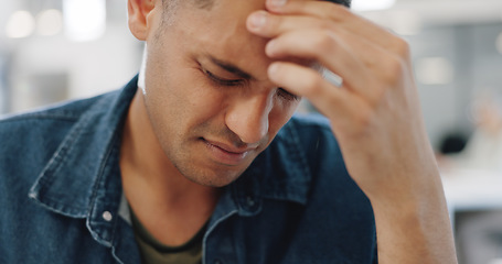 Image showing Businessman, stress headache and office for finance, planning or anxiety for target, deadline or kpi. Black man, burnout and mental health in modern office for strategy, thinking or exhausted at work