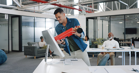 Image showing Anger, frustrated and fire extinguisher with a business man breaking a computer during a breakdown at work. Compliance, glitch and 404 with an angry male employee smashing a desktop in the office