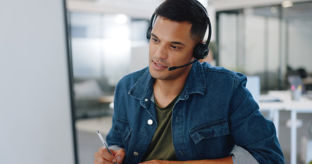 Image showing Crm, technical support and web help man consultant working on a digital call in a office. Telemarketing, customer support and call center agent doing sales communication for customer service