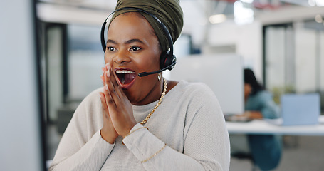 Image showing Call center, celebration and woman on computer business sales, telemarketing success and target or survey results of african worker. Office, telecom and winner employee in website support excellence