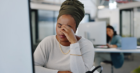 Image showing Call center, stress and black woman with headache working in customer support, sales or crm. Burnout, woman and worker suffer pain, migraine or frustration, anxiety and pressure in customer service