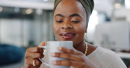 Image showing Office, tea and woman smell coffee to relax, calm down or drink while working on feedback review of social media digital marketing. Aroma, coffee break and African worker in online advertising agency