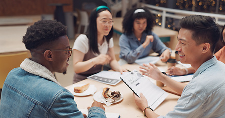 Image showing Leadership, documents and business people in meeting with Asian man at office while having lunch. Presentation, coaching and male mentor with paperwork training group of employees on sales strategy.