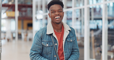 Image showing Black man, face and smile portrait in building for designer success, positive mindset and employee standing in lobby. African man, portrait and happy for innovation vision or entrepreneur headshot