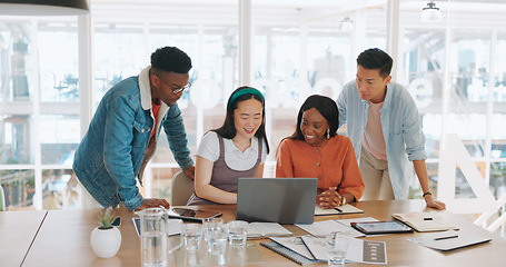 Image showing Celebration, laptop and business people high five, applause and celebrate goals, targets or achievement. Teamwork, winner and group collaboration of employees on pc clapping and celebrating success.