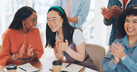 Image showing Success, applause or people in a meeting or presentation celebrate team goals, target or kpi sales performance. Community, diversity or happy crowd of employees clapping to support business growth