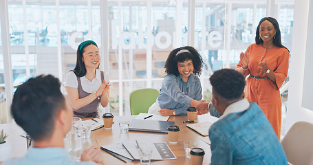 Image showing Welcome, handshake and applause with business people in meeting for onboarding, partnership and success. Deal, congratulations and achievement with employee in boardroom for planning, target and sale