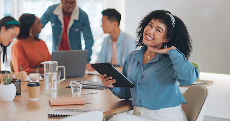 Image showing Face, leadership and black woman with tablet in meeting for advertising or marketing strategy. Ceo, boss and female entrepreneur with touchscreen for internet browsing, email or research in office.