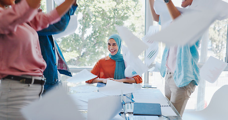 Image showing Success, goals or team with documents in air to celebrate meeting office kpi sales target for business growth. Paperwork, Muslim woman or excited people in celebration of winning or group achievement