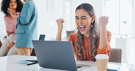 Image showing Yes, success and winner with business woman and celebration, happy with achievement, kpi and target goal with promotion. Bonus, celebrate and fist pump, professional victory with laptop and cheers.