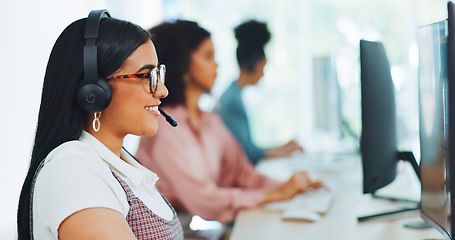 Image showing Call center woman, office and communication for customer service, help and advice by computer with team. Crm expert, consultant and contact us for customer support, consulting clients and help desk