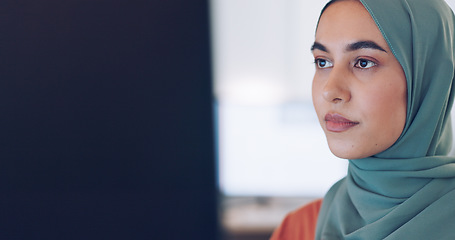 Image showing Islamic woman, phone call and talking in office for internet communication, b2b business conversation and happy employee working on computer. Muslim worker, happiness and speaking on smartphone