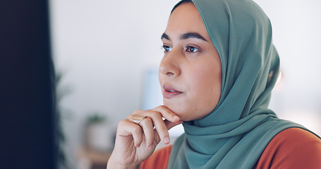 Image showing Islamic woman, phone call and talking in office for internet communication, b2b business conversation and happy employee working on computer. Muslim worker, happiness and speaking on smartphone