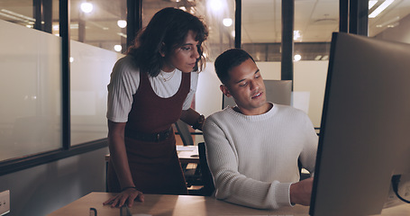 Image showing SEO, manager or digital marketing training, coaching or leadership by woman talking to an employee at office desk. Computer, mentorship or team leader helping worker with research strategy or advice