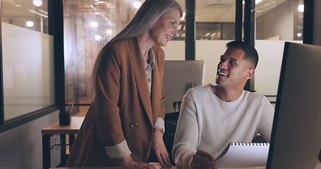 Image showing Computer, communication and senior night manager, mentor or leader talking about investment, stock market or financial research. Economy, management and ceo with trader working on nft bitcoin trading