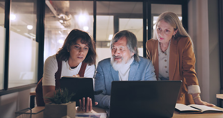 Image showing Laptop, tablet and business people teamwork on night project, digital finance portfolio or feedback review of stock market research. Financial economy, investment collaboration and trader trading nft