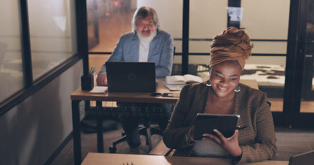 Image showing Business, tablet and black woman in office, night and online schedule. Staff, African American female and manager for digital marketing, search internet and social media for connection and employee.