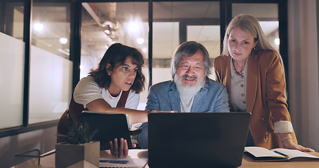 Image showing Laptop, tablet and business people teamwork on night project, digital finance portfolio or feedback review of stock market research. Financial economy, investment collaboration and trader trading nft