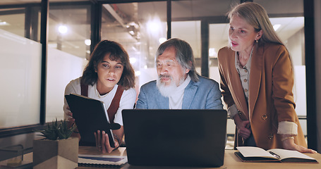 Image showing Laptop, tablet and business people teamwork on night project, digital finance portfolio or feedback review of stock market research. Financial economy, investment collaboration and trader trading nft