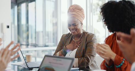 Image showing Business people, meeting and applause for promotion, contract or partnership for black woman in office. Group, management team or congratulations handshake in workplace for success, goal or career