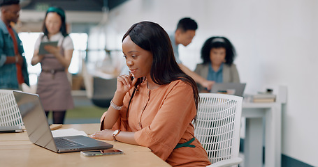 Image showing Black woman, thinking and laptop for digital marketing, writing notes or online schedule in modern office. African American female, administrator and creative with idea, planning advertising or focus