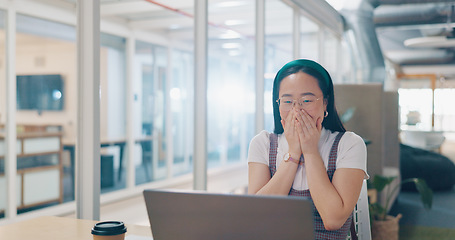 Image showing Asian woman, laptop and celebration fist for company success, creativity goals and happiness in office. Digital marketing achievement, happy or excited employee celebrate for corporate target winner