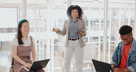 Image showing Business woman, mentor or tablet in team meeting in digital marketing office, advertising company or branding startup. Smile, happy or talking manager in workshop training or technology collaboration