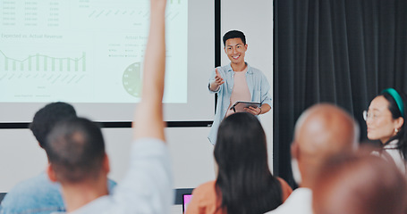 Image showing Presentation, question and asian businessman in digital marketing, data analytics and research on monitor screen for audience. Hand, ideas and Seoul creative business man, leadership and mentorship