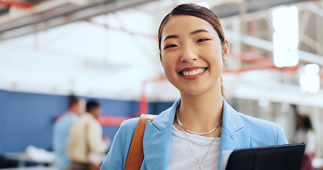 Image showing Asian business woman, face or folders of marketing proposal, advertising strategy planning or branding growth ideas. Portrait, smile or happy creative designer with paper documents in coworking space