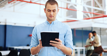 Image showing Businessman, face or digital tablet in coworking office on digital marketing schedule, web design app or advertising calendar. Portrait, smile or happy creative designer in technology vision planning