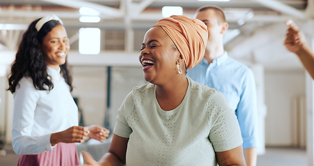 Image showing Diversity, team and black woman dance at office party event, celebrate startup mission success or job promotion. Dancing group energy, business team building and excited dancer happy for sales goals