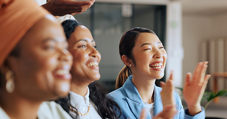 Image showing Business, celebration and women applause for meeting success, corporate smile and happiness, Training audience, clapping and business meeting with diversity, learning and crowd in a office for work