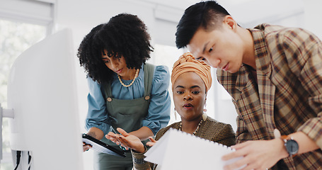 Image showing Business people, black woman and leadership with documents, folder and communication, collaboration and advice with tablet. Technology, paperwork and team with diversity in corporate office and pc.