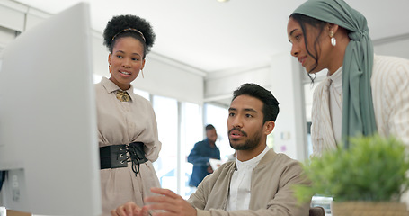 Image showing Teamwork, computer and coaching with business people in office for strategy, project management and idea. Diversity, learning and collaboration with group of employee in startup for leadership goals