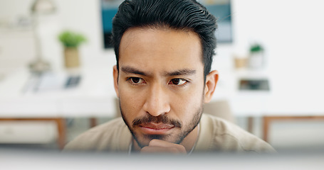 Image showing Asian man, face thinking and idea with computer, planning and brainstorming for success in programming. Tech startup worker, executive focus and solution with innovation by desktop pc in workplace